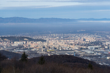 panorama of the mountains,  viewpoint from Piatra Mare Mountains to Brasov City, Romania 