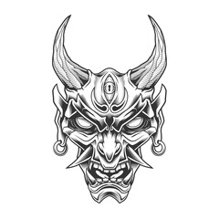 Oni mask. Vector illustration in engraving technique of horned 