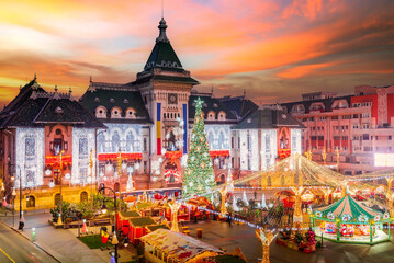 Fototapeta na wymiar Craiova, Romania. Christmas Market in historical Oltenia, Romania travel background.
