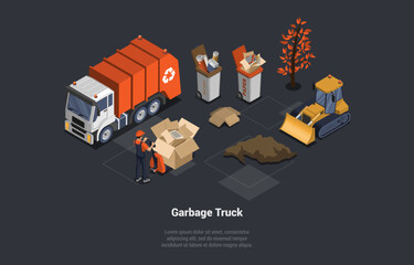 Zero Waste, Recycling Garbage Concept. Character Collecting And Sorting Garbage. Man Use Pallet Jack To Load Trash To Garbage Truck To Deliver To Recycling Factory. Isometric 3d Vector Illustration