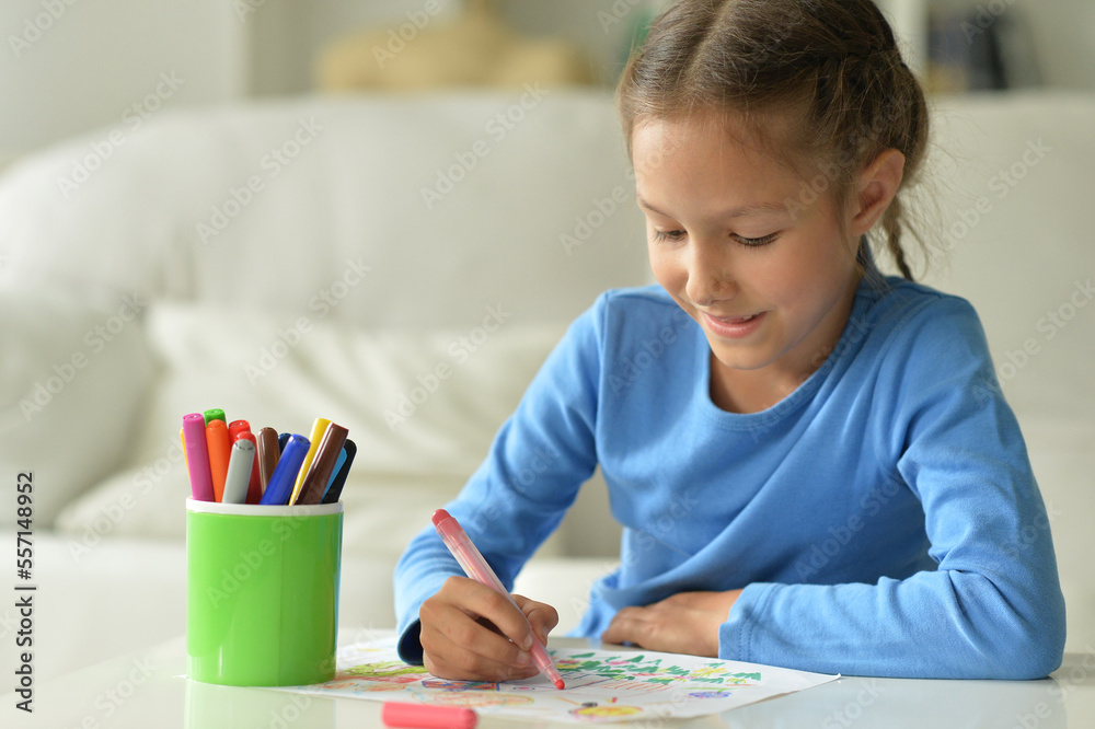 Sticker cute little preschooler child drawing at home