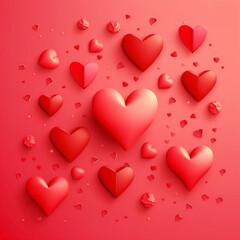 Lots of voluminous decorative hearts on  red background.  Generative AI, generative artificial intelligence