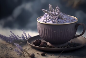illustration of ice freezing cup of chocolate with cream topping, purple lavender marshmallow latte cup