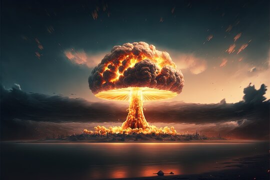 Nuclear explosion. Atom bomb explosion and mushroom cloud exploding. Photorealistic illustration.