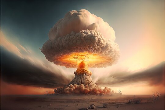 Nuclear Explosion. Atom Bomb Explosion And Mushroom Cloud Exploding. Photorealistic Illustration.