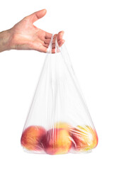 Man hand holding a plastic bag with red apples.