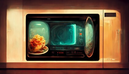 Modern, futuristic microwave with blue monitor red smoke inside desing illustration
