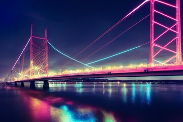 Fototapeta na wymiar Colorfull bridge across the river at night time with bright colourfull lights desing illustration