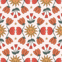 Boho Floral seamless pattern collection in Art Nouveau style. 70s retro aesthetic with hand drawn flowers and sun motif in bright colors.