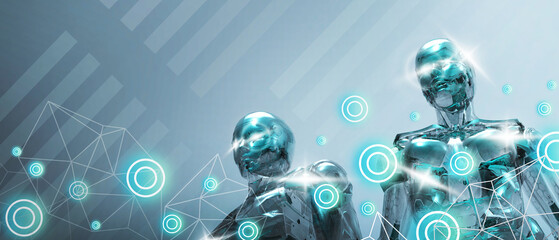 Artificial intelligence robot technology to connect with the Metaverse world via the Internet concept on Blue - green background. Inspiration, copy space, digital, banner, website -3d Rendering