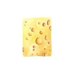 Yellow hard cheese block, piece with holes. Watercolor illustration isolated on white background