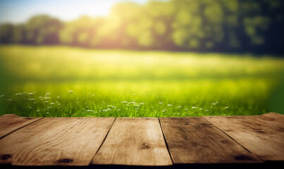 Beautiful spring green meadow background with empty wooden table for product display, nature blurred background, copy space	