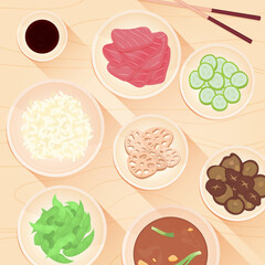 Delicious oriental meal. Top view of different bowls with Asian ingredients for succulent recipes