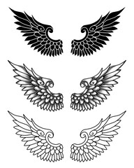 vector set of wings or angel wings tribal tattoo vintage outline and line art