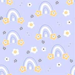 Rainbow with flowers on a blue background. Rainbow mood. Suitable for diary, diary, scrapbooking. Vector seamless pattern.