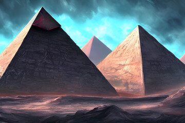 Naklejka na ściany i meble Background 3d drawing of pyramids at night Image generated by AI