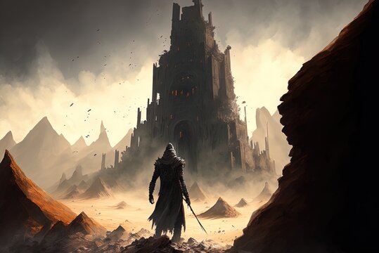 A digital artwork of a ruined castle in a rocky desert that has been overtaken by a scary evil figure. Generative AI