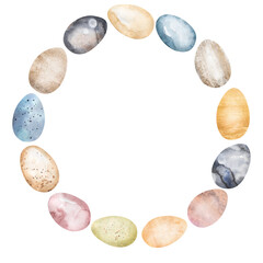Easter frame with colorful decorated easter eggs clipart. Hand-painted watercolor illustration