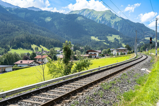Railway with Mountain Zugspitze in the background, Ehrwald, Germany
