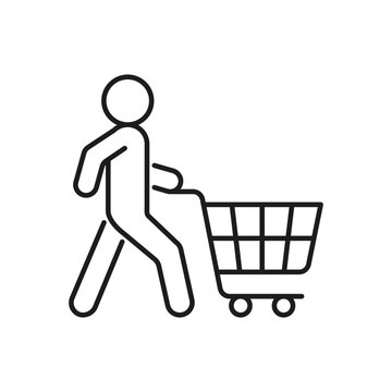 Person with shopping cart to shop, purchase on sale, line icon. Shopper, delivery sign. Vector outline illustration