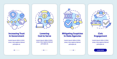 Public service delivery changes onboarding mobile app screen. Walkthrough 4 steps editable graphic instructions with linear concepts. UI, UX, GUI template. Myriad Pro-Bold, Regular fonts used