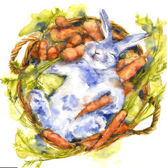 Watercolor drawing sleeping rabbit in the basket with carrots and cabbage