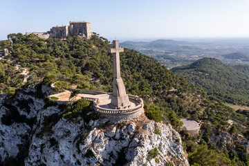 Aerial view of Santuari de Sant Salvador monastery, Puig de Sant Salvador, near Felanitx, Migjorn...