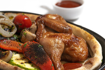 close up of  fried chicken with vegetables