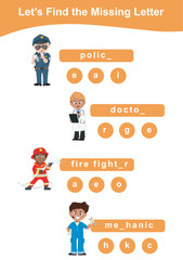 Missing letter worksheet with kids’ dream profession. Educational printable activity kit for toddlers. Worksheet for preschool. Writing practice. Cute cartoon vector illustration file.
