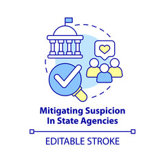 Mitigating suspicion in state agencies concept icon. Public service delivery change abstract idea thin line illustration. Isolated outline drawing. Editable stroke. Arial, Myriad Pro-Bold fonts used