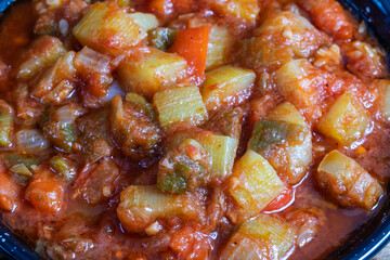 Pisto manchego with red and green peppers, courgette and onion. Typical and traditional Spanish food.