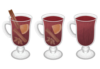 Hot red wine illustration with seasoning. Tasty wine in the glass, vector art.
