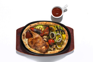 close up of  fried chicken with vegetables