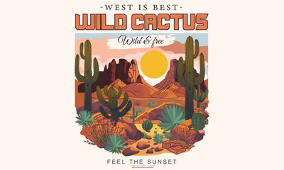 Wild cactus vector Graphic, Sunset the Desert Vibes in Arizona, Desert vibes vector graphic print design for apparel, stickers, posters, background and others. Outdoor western vintage artwork.  - obrazy, fototapety, plakaty