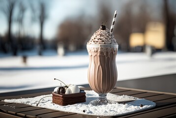 Fototapeta illustration of ice freezing glass of chocolate milkshake with whip cream topping glass obraz
