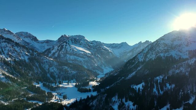 Aerial view snowy mountains Wildfr&auml;uleinstein, Stuibenkopf, Zerenkopf, Gehrenkopf and Mittagsspitze, Bavaria, Bad Hindelang, Hinterstein, Hintersteiner valley, Germany