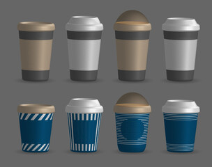 closed paper cup set. Collection of Plastic Cups with Covers, Front View Mockup Design Templates. Editable 3d vector realistic illustration