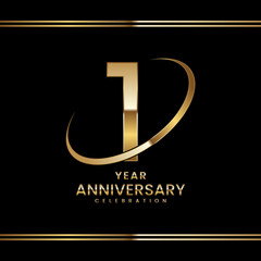 1st Anniversary logo design with golden ring. Logo Vector Illustration