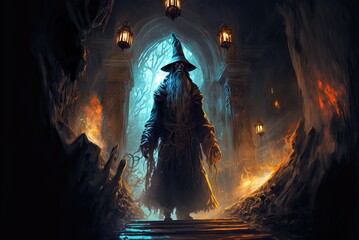 Digital artwork of a wizard in a foreboding dungeon. Generative AI