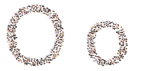 Concept or conceptual large community of people forming the font M. 3d illustration metaphor for unity and diversity, humanitarian, teamwork, cooperation, education, friendship and community