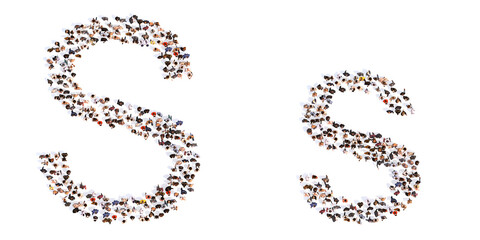 Concept or conceptual large community of people forming the font S. 3d illustration metaphor for unity and diversity, humanitarian, teamwork, cooperation, education, friendship and community