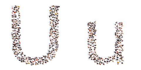 Concept or conceptual large community of people forming the font U. 3d illustration metaphor for unity and diversity, humanitarian, teamwork, cooperation, education, friendship and community © high_resolution