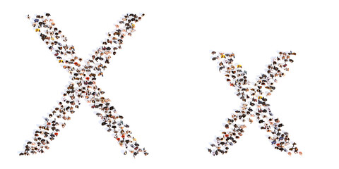 Concept or conceptual large community of people forming the font X. 3d illustration metaphor for unity and diversity, humanitarian, teamwork, cooperation, education, friendship and community