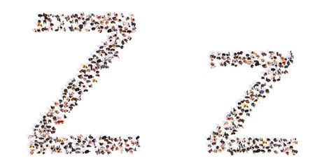 Concept or conceptual large community of people forming the font Z. 3d illustration metaphor for unity and diversity, humanitarian, teamwork, cooperation, education, friendship and community