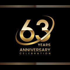 63th Anniversary logo design with golden ring. Logo Vector Illustration