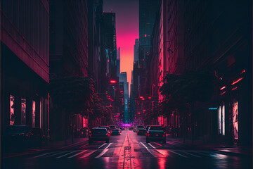 Empty night streets of New York. Magenta neon lighting.