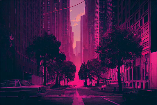 Empty Night Streets Of New York. Magenta Neon Lighting.