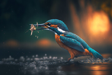 Beautiful bird catching a fish. Generative AI	