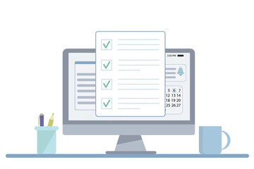 Vector illustration with computer and invoice letter notification. Office or work from home concept. 
