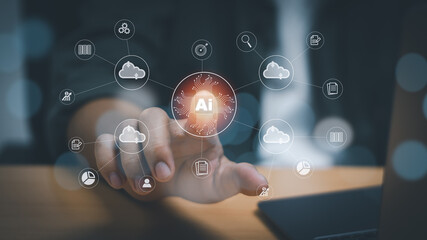 Intelligent technology (Ai) or digital transformation management concept. Male hand tapping to manage big data and business processes, modern software automation